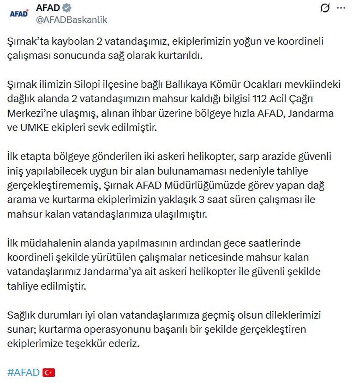 AFAD: Şırnak'ta kaybolan 2 kişi kurtarıldı