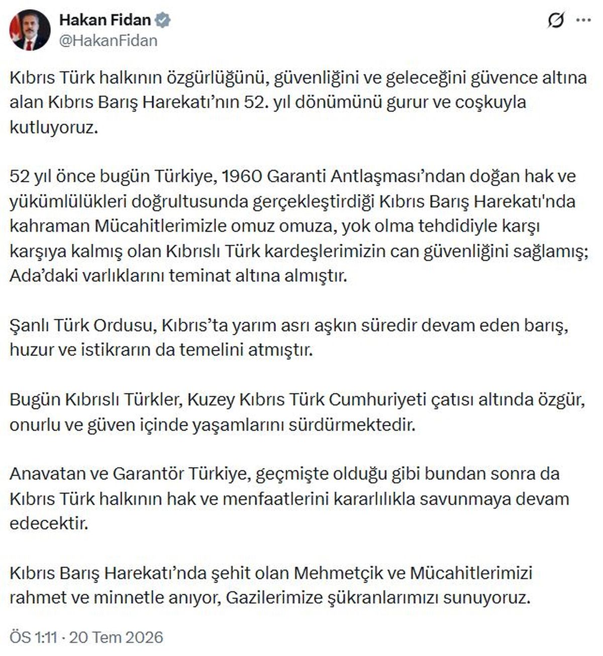 Fidan: Kıbrıs Türk halkının hak ve menfaatlerini kararlılıkla savunacağız