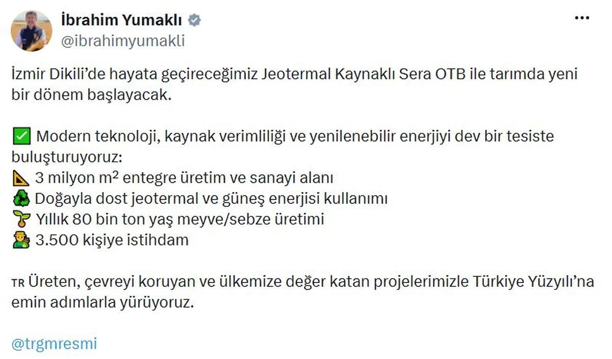 Bakan Yumaklı: Jeotermal Kaynaklı Sera OTB ile tarımda yeni bir dönem başlayacak