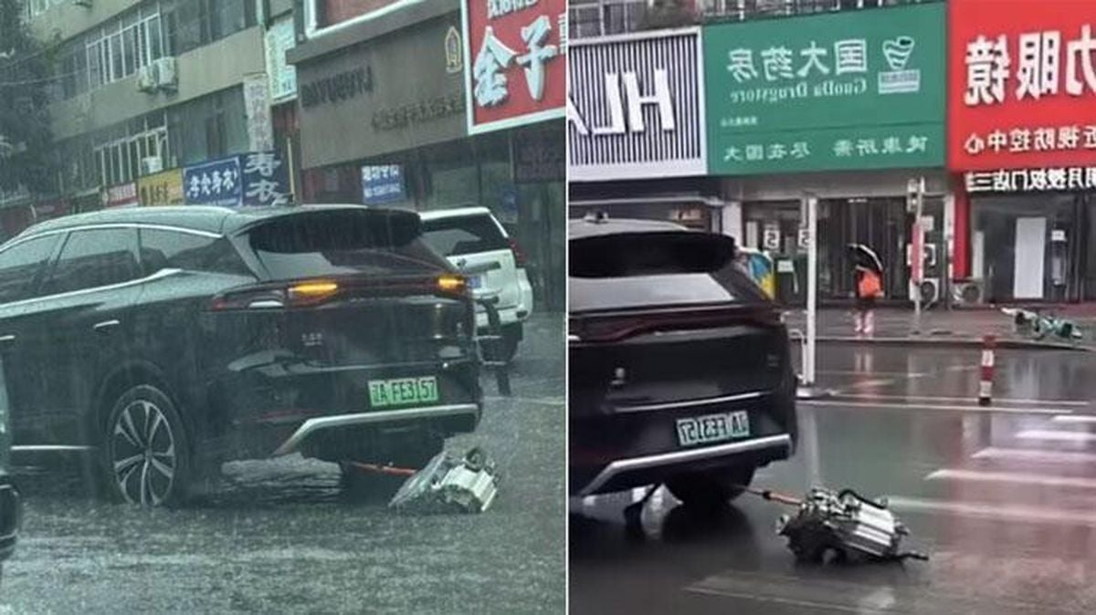 BYD Tang marka aracın altından kopan mekanik parça.