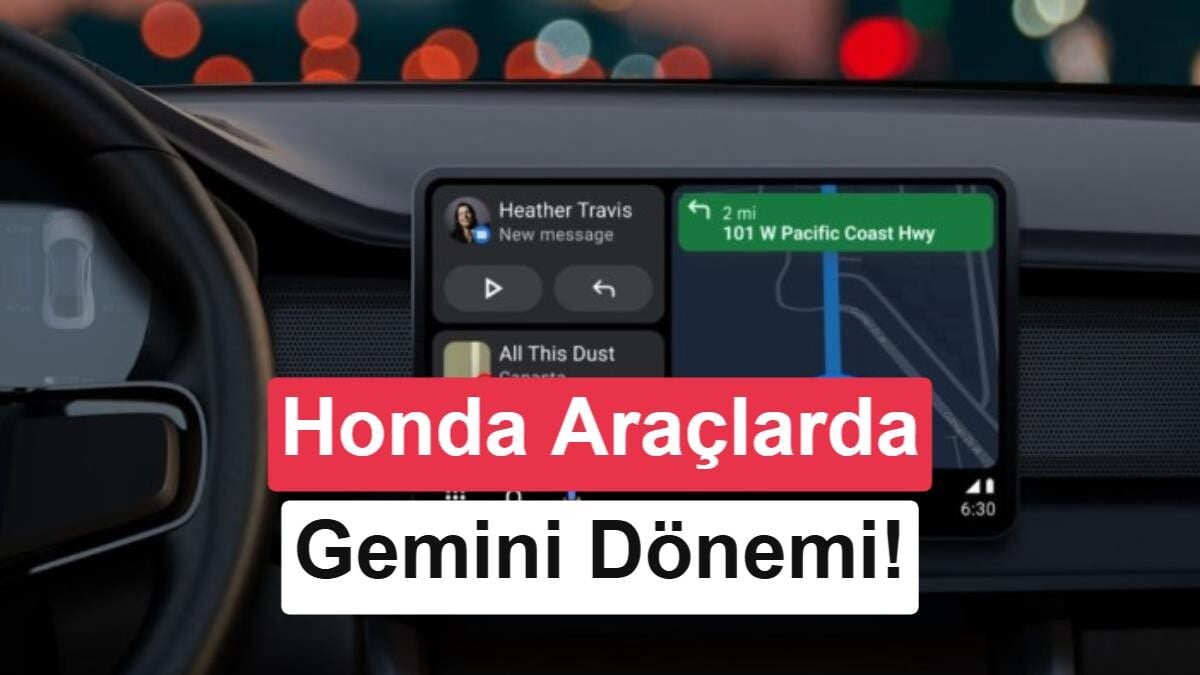Honda aracının direksiyonu ve gösterge paneli, üzerinde Google Gemini yapay zeka asistanının çalıştığına dair bir görsel.