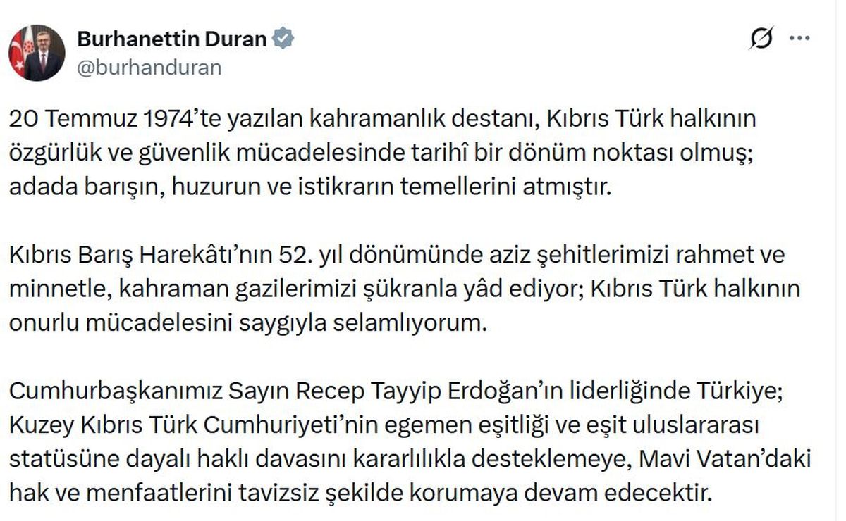 İletişim Başkanı Duran: Kıbrıs Barış Harekatı'nın 52'nci Yıl Dönümünde Şehitleri Rahmetle Andı