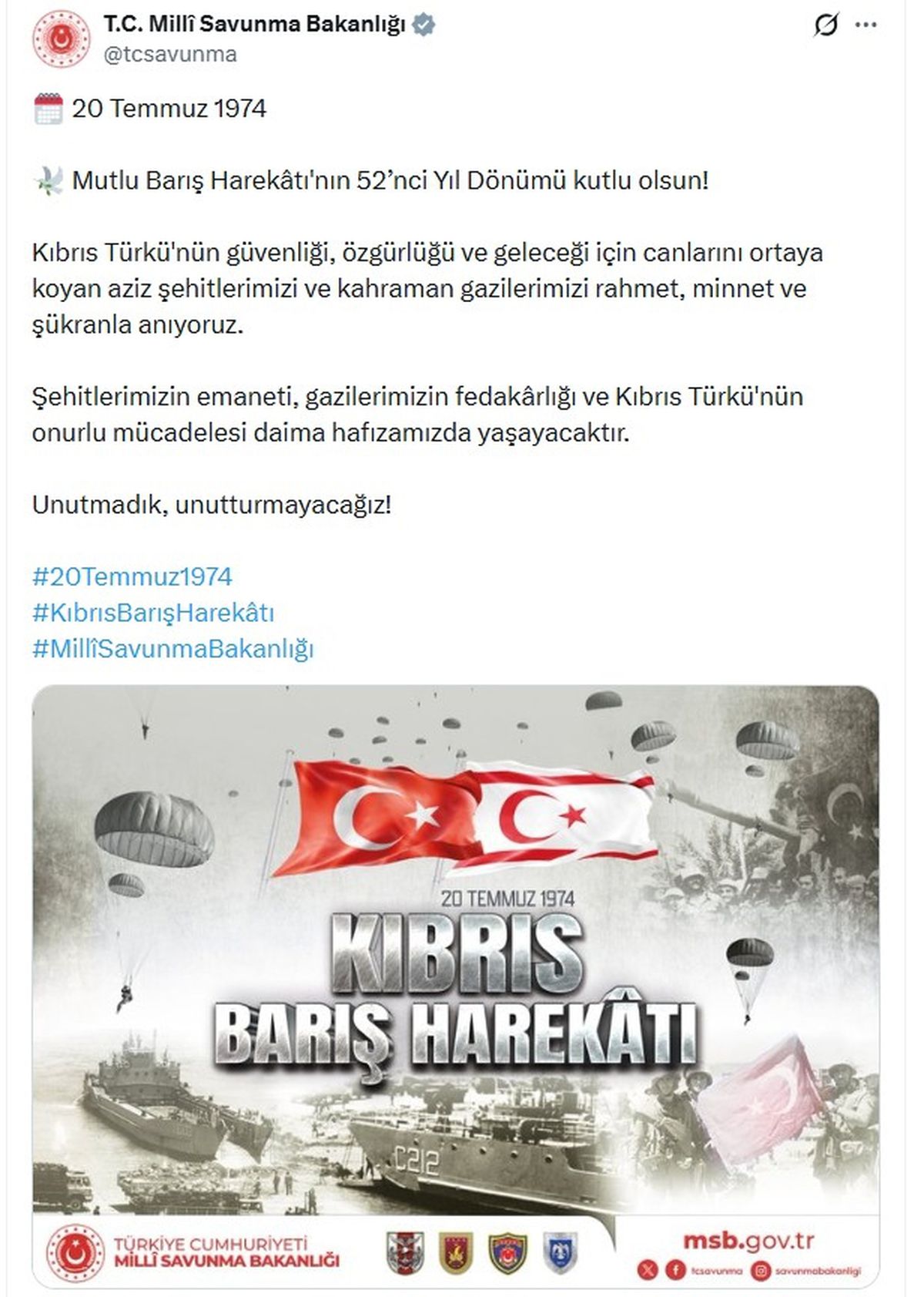 MSB'den Kıbrıs Barış Harekatı'nın 52'nci yıl dönümü mesajı