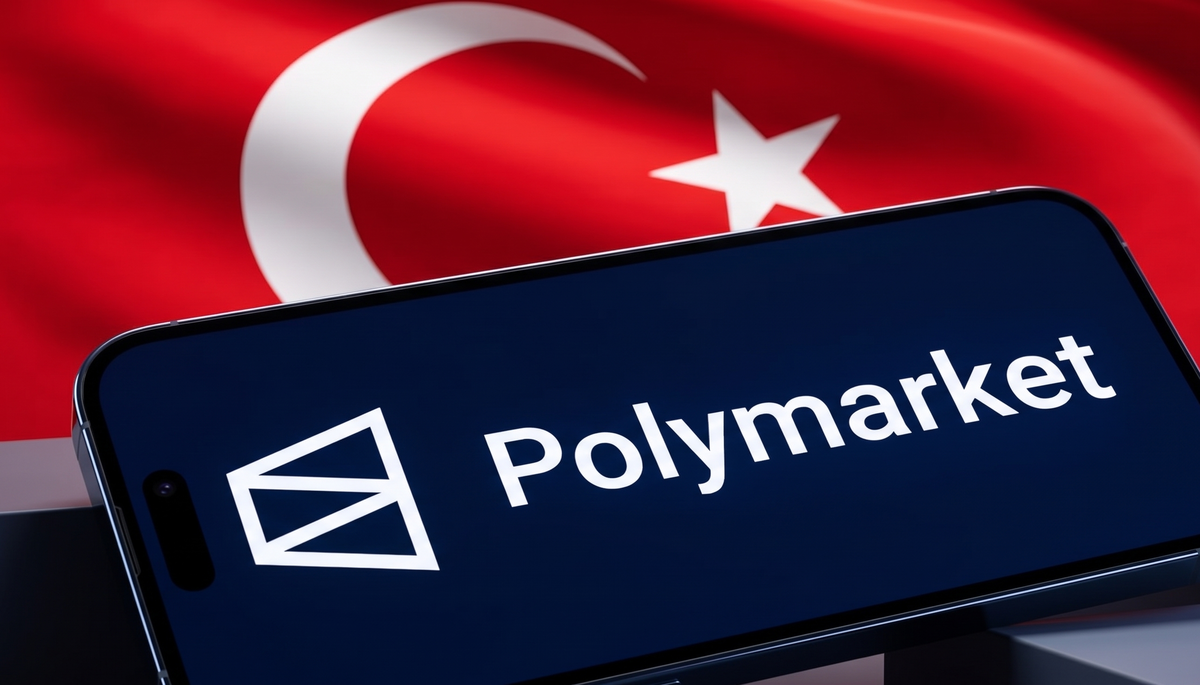 Polymarket logosu ve Türkiye haritası üzerinde erişim engeli işareti.