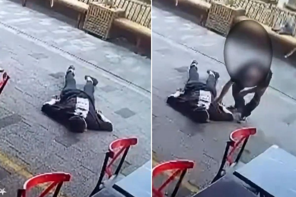 Fethiye'de sokakta yere yığılan bir gencin yanına yaklaşan ve cebini boşaltan şahsın güvenlik kamerası görüntüsü.