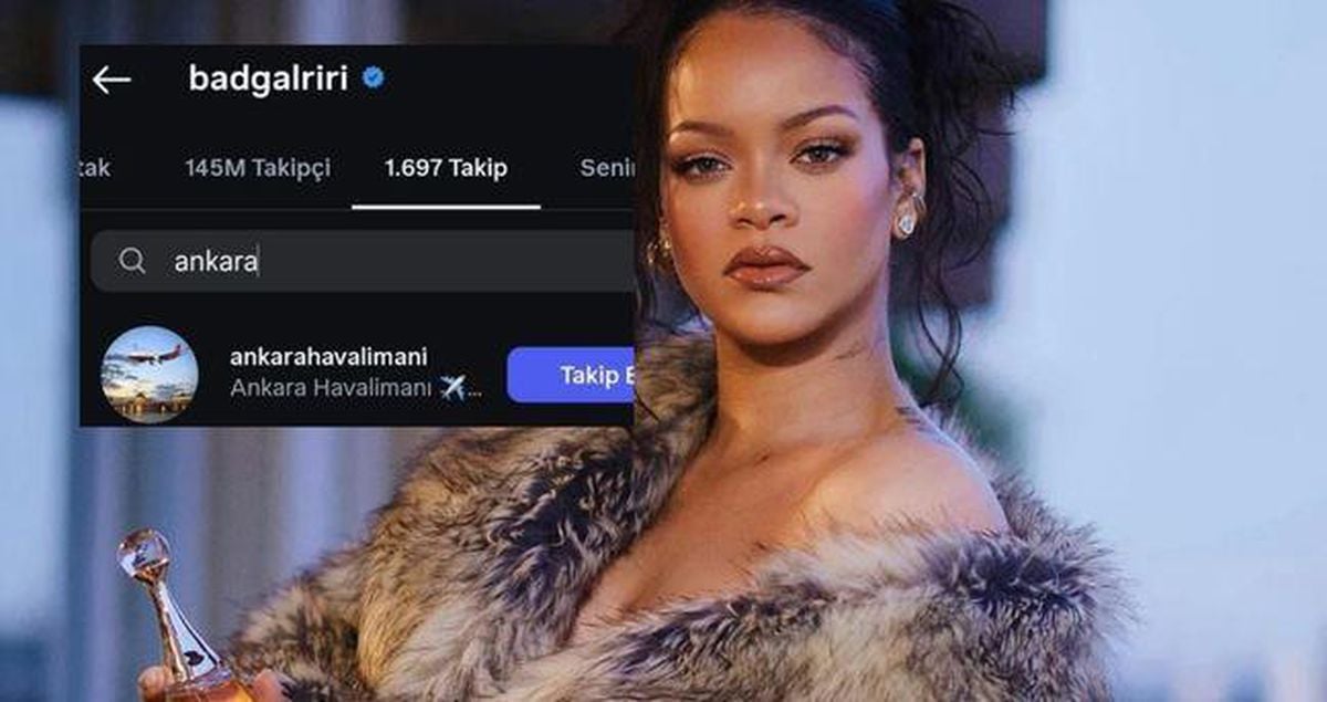 Rihanna'nın Instagram'da Ankara Esenboğa Havalimanı'nı takibe almasıyla ilgili haber görseli.
