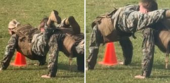 Kadın partnerinin bacak arasına kafası sıkışan askerin zor anları