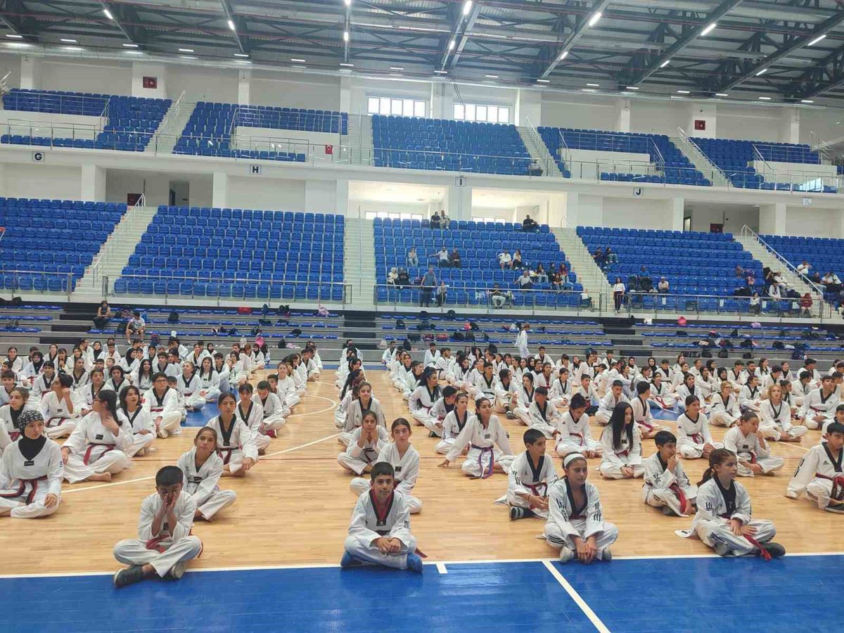 Malatya'da düzenlenen taekwondo sınavında sporcular mücadele ediyor.