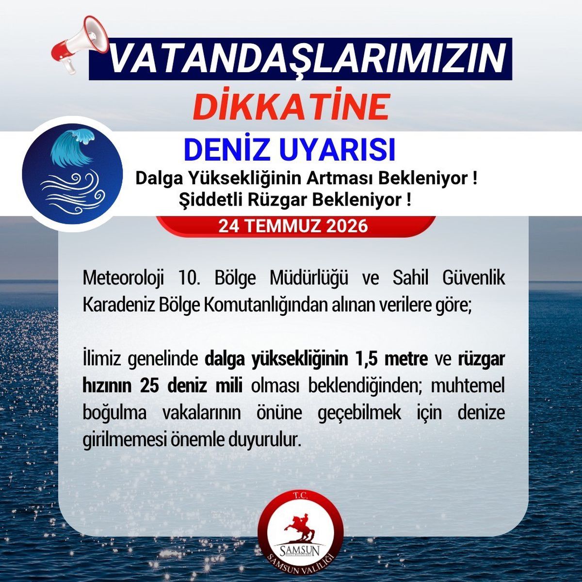 Samsun Valiliği'nden Fırtına Uyarısı: Denize Girmeyin