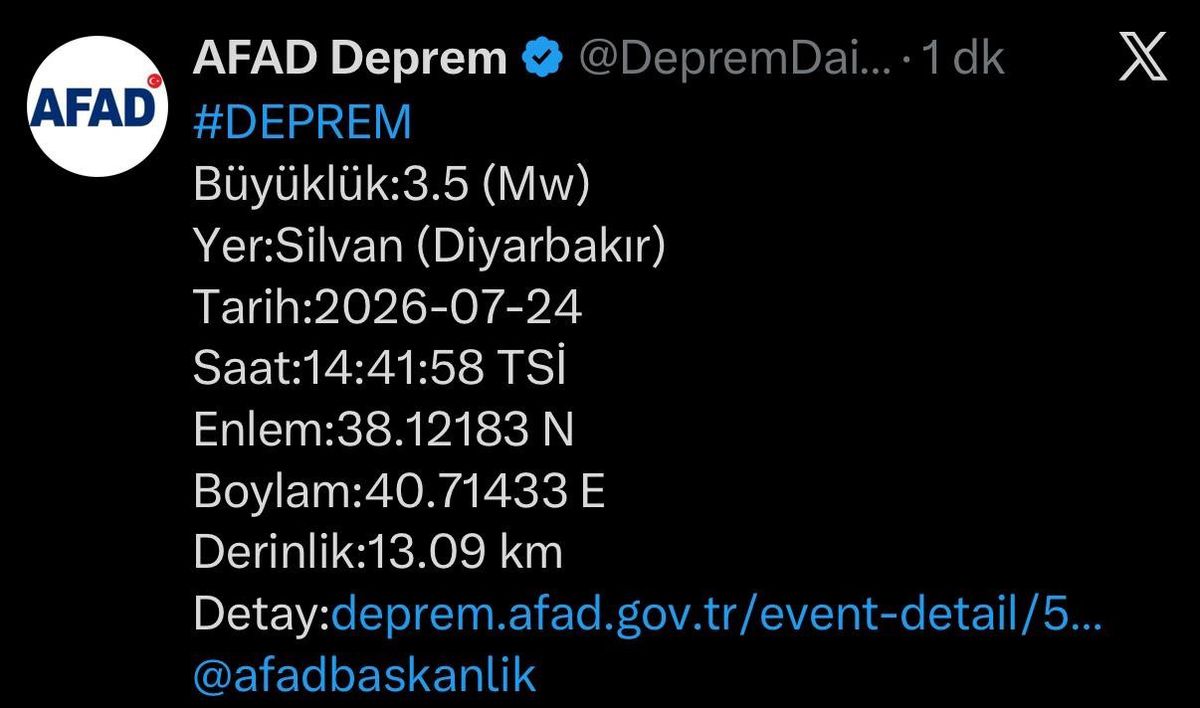 Diyarbakır'da 3.5 büyüklüğünde deprem