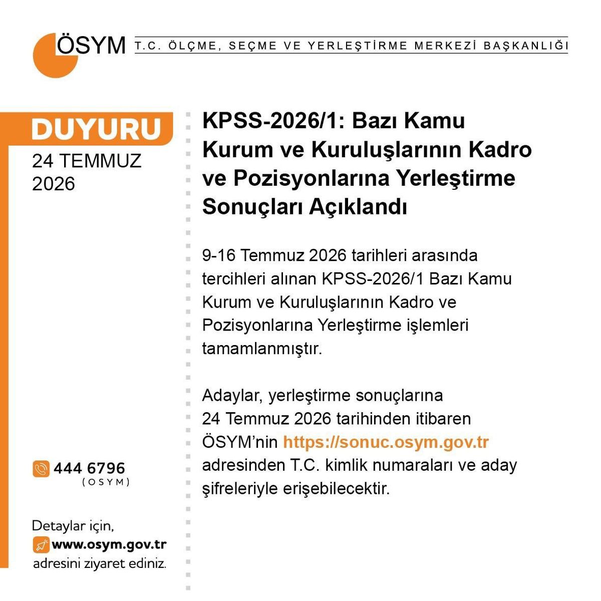 ÖSYM KPSS-2026/1 Yerleştirme Sonuçları Açıklandı