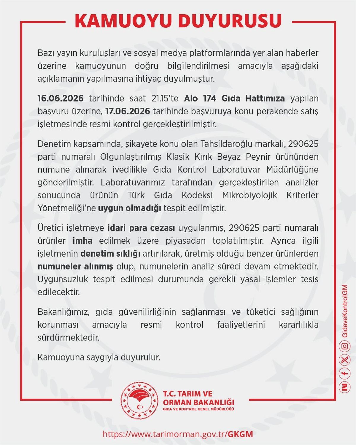 Tahsildaroğlu peynirinde uygunsuzluk: Toplatma kararı