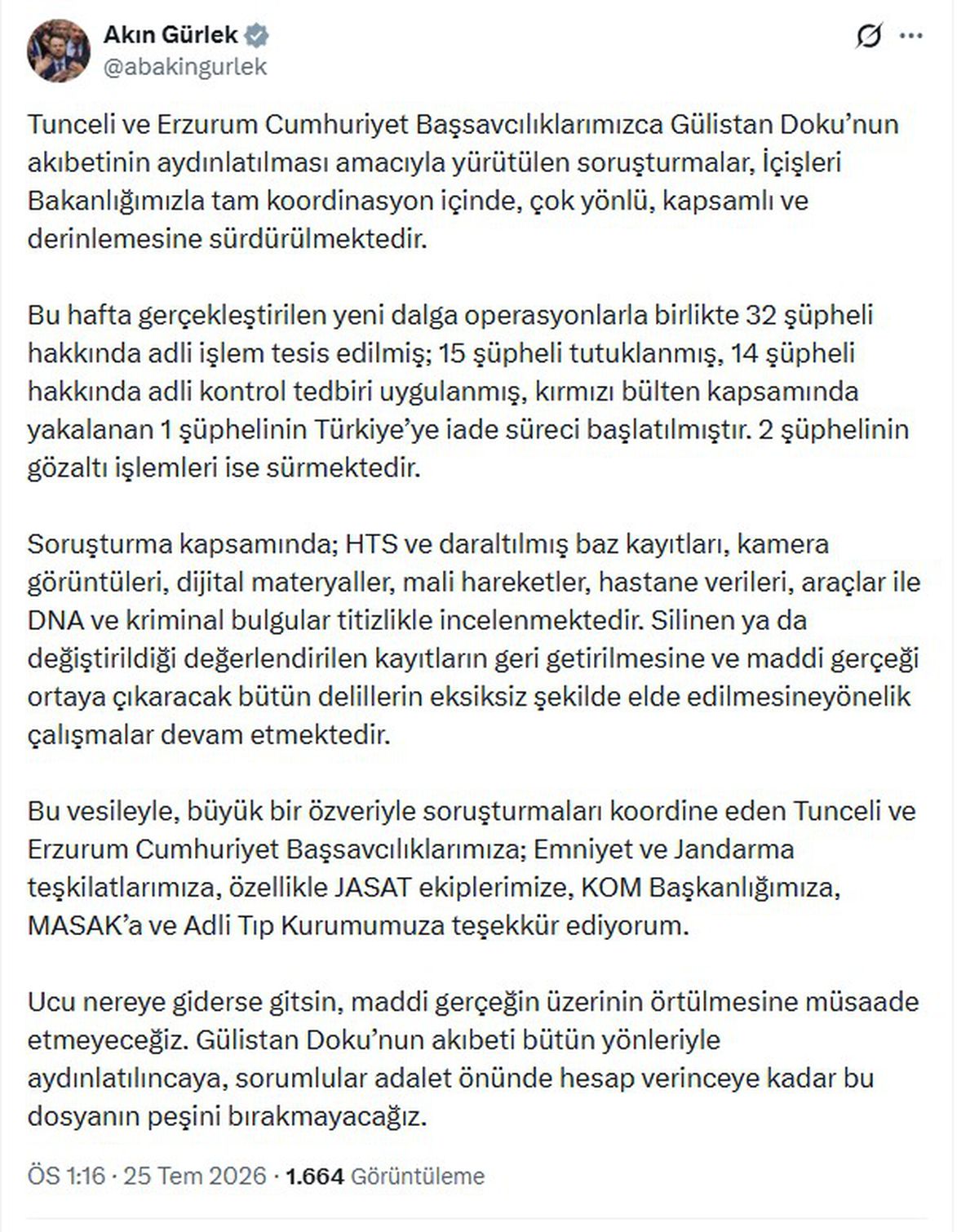 Bakan Gürlek'ten 'Gülistan Doku' soruşturması açıklaması