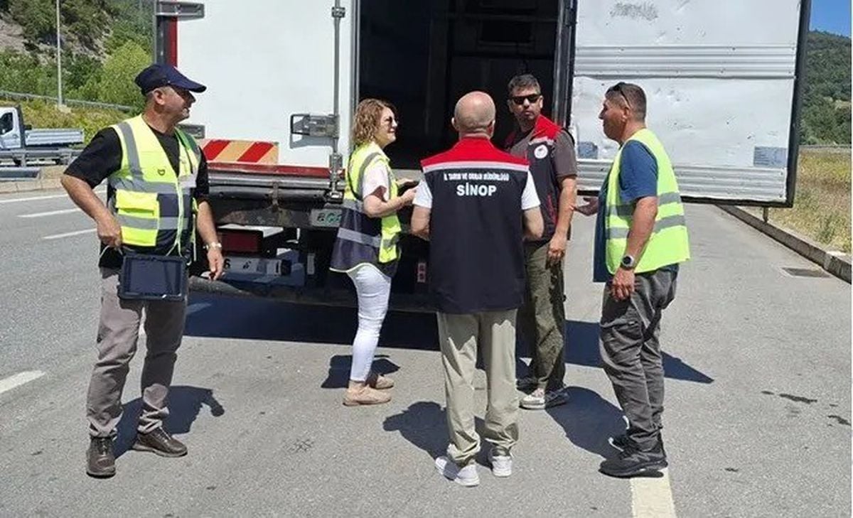 Sinop'ta gıda taşıyan bir kamyonun denetimden geçtiği an.