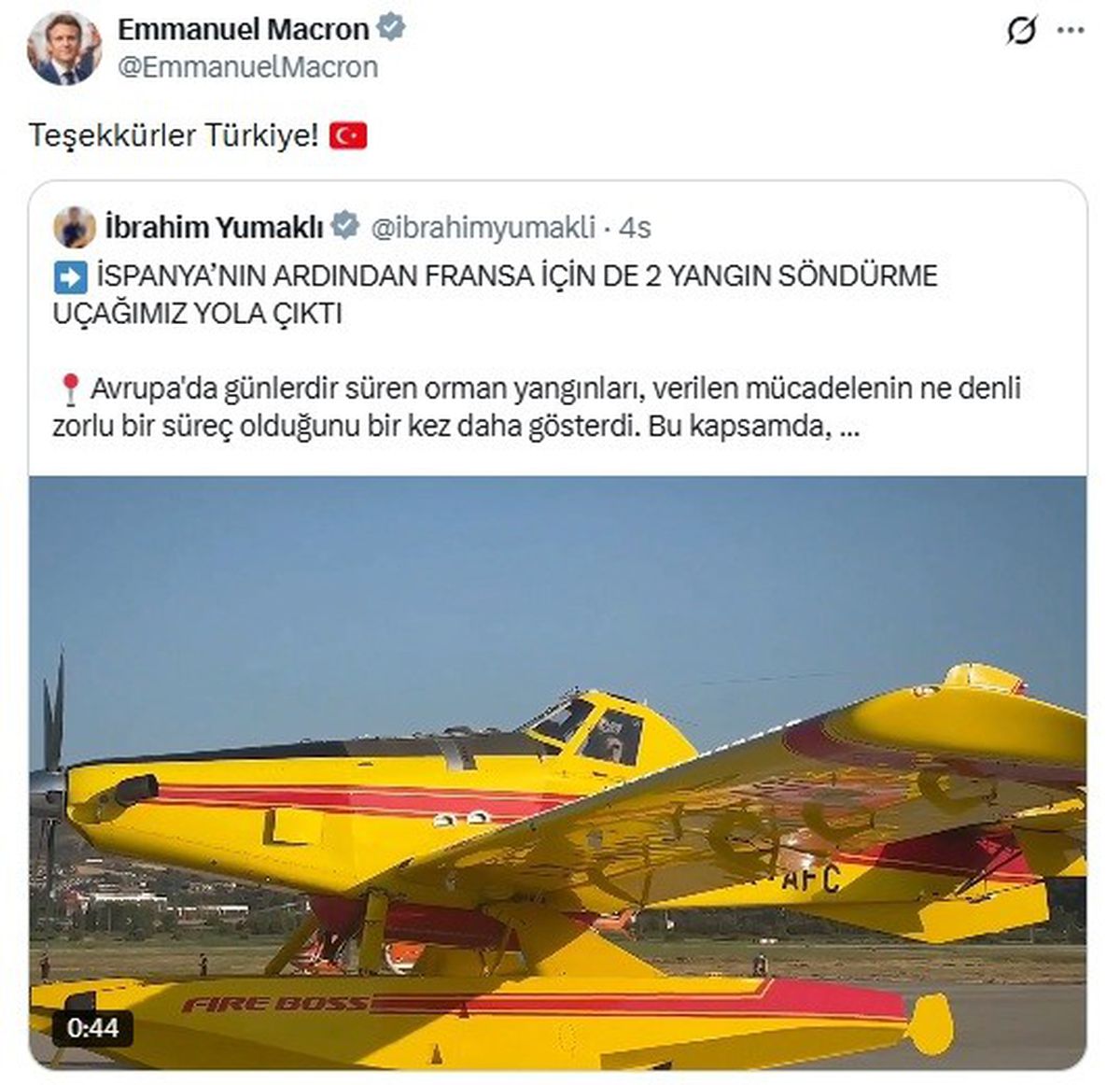 Macron'dan Türkiye'ye teşekkür: 'Teşekkürler Türkiye'
