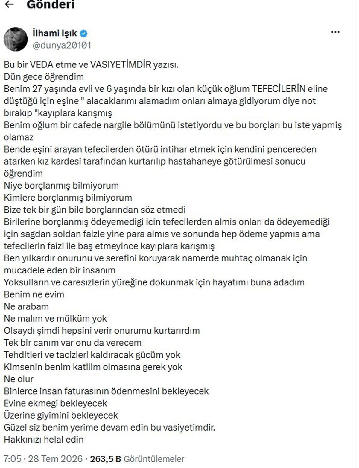 Yazar İlhami Işık'tan Tefeci Batağında Veda Paylaşımı