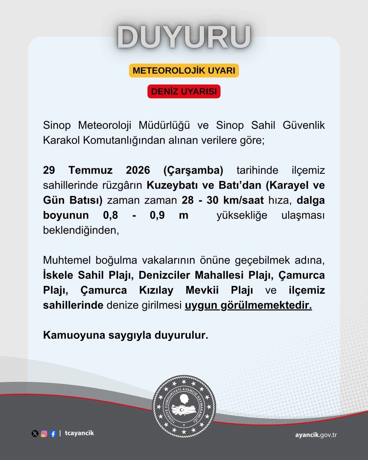 Olumsuz hava şartları nedeniyle denize girmek yasaklandı