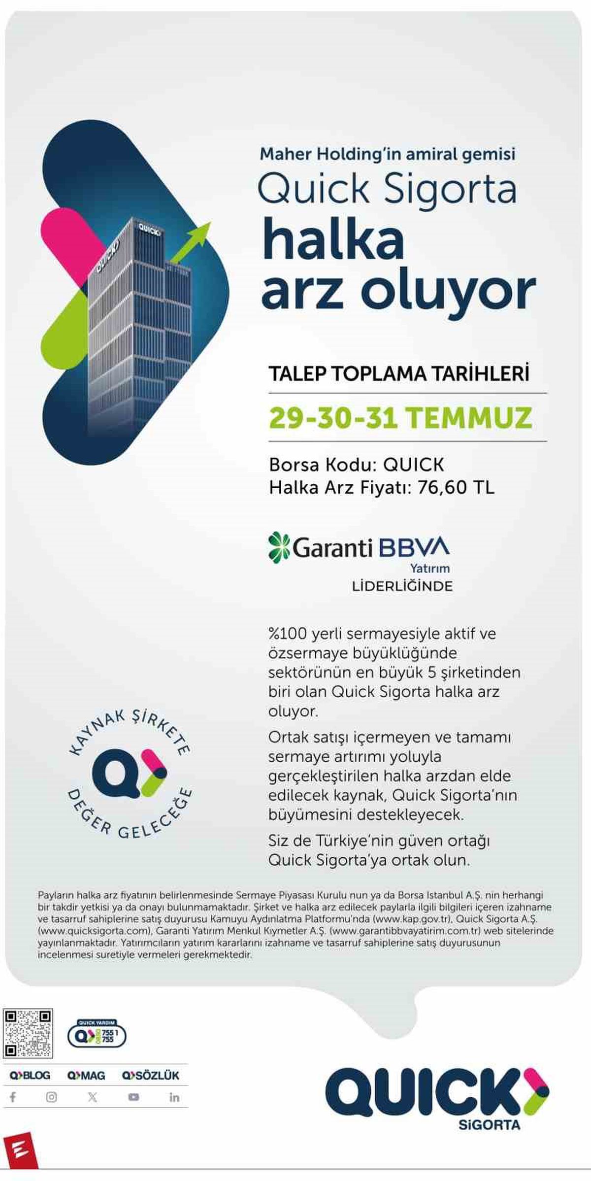 Quick Sigorta’nın halka arzında talep toplama başladı