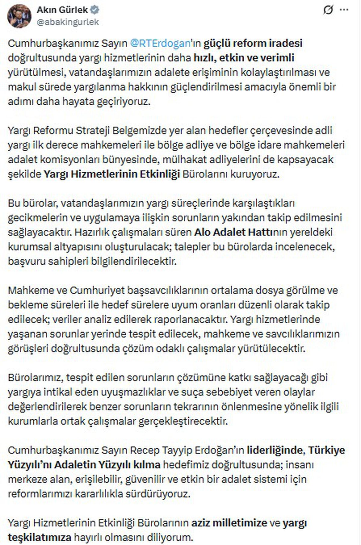 Bakan Gürlek: Yargı Hizmetlerinin Etkinliği Bürolarını kuruyoruz
