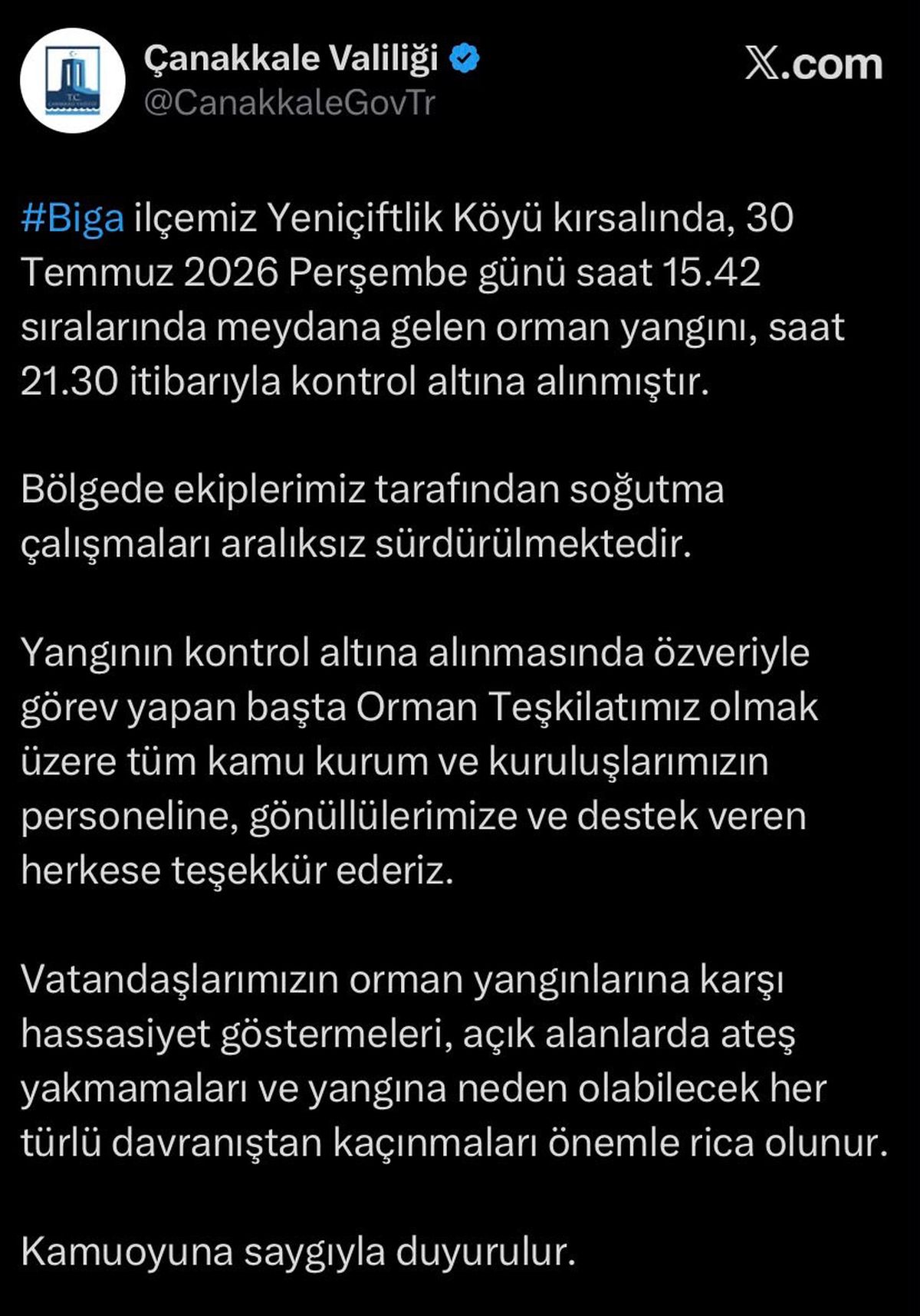 Çanakkale’de tarım arazisinde yangın