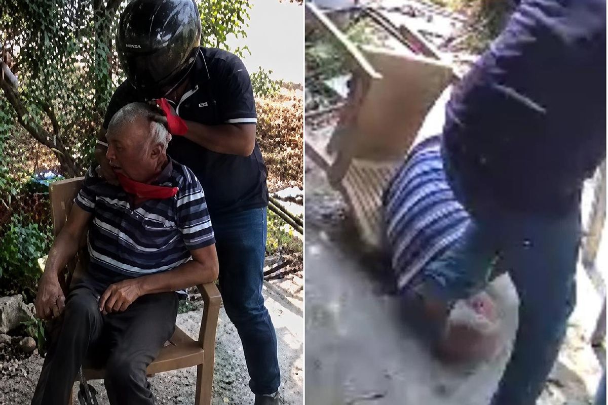 Kask ve eldivenle geldi, yaşlı adamın boynunu kırmaya çalıştı! Dehşet anları kamerada