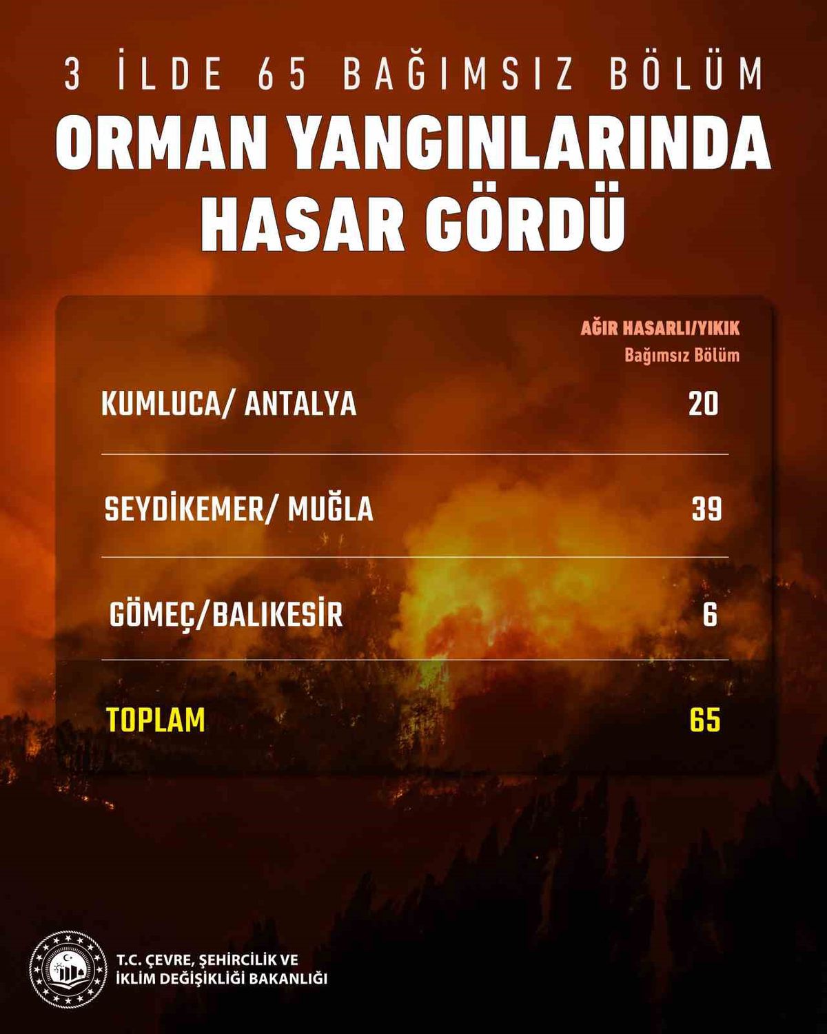 Bakan Kurum: 'Antalya, Muğla ve Balıkesir’de yangınlarda 65 bağımsız bölüm ağır hasar aldı ya da yıkıldı'