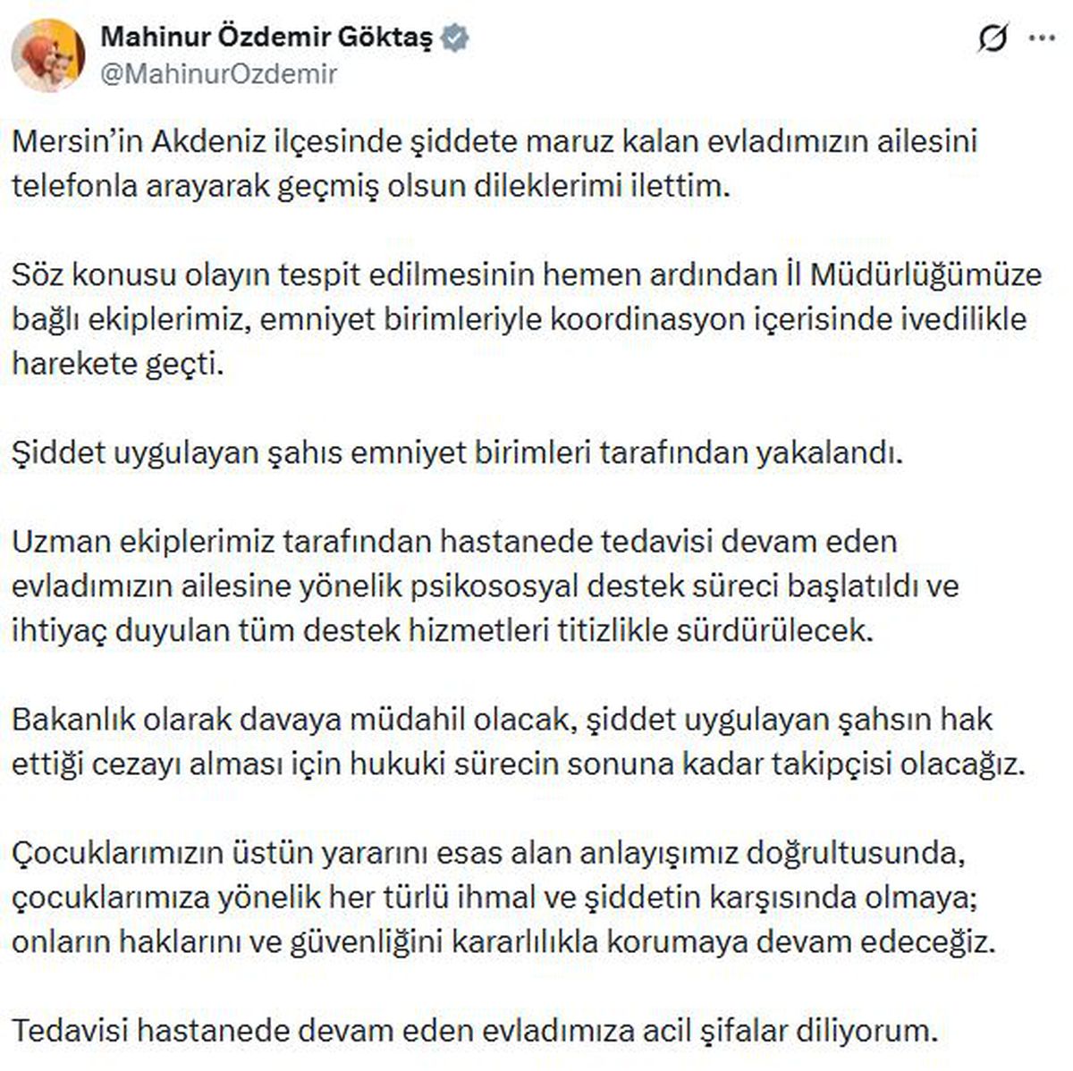 Bakan Göktaş'tan Mersin'de darbedilen çocuğun ailesine telefon