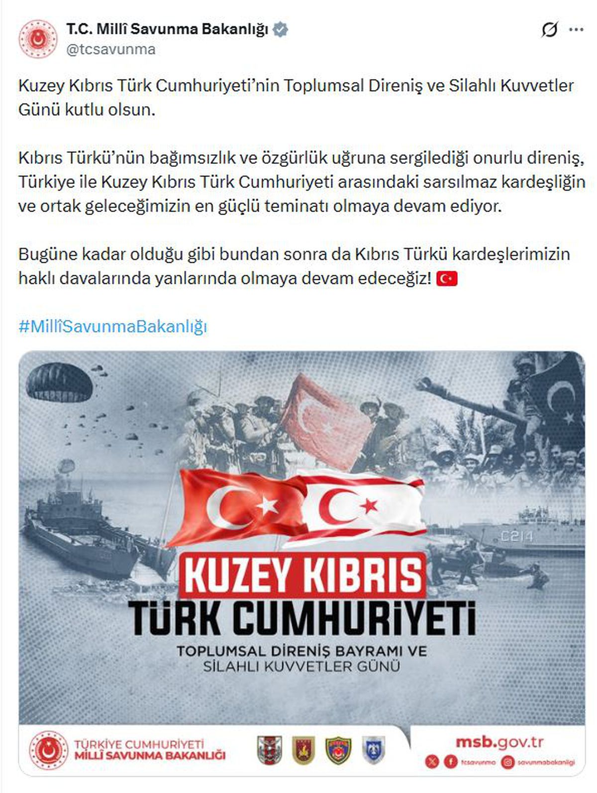 MSB, KKTC’nin Toplumsal Direniş ve Silahlı Kuvvetler Günü'nü kutladı