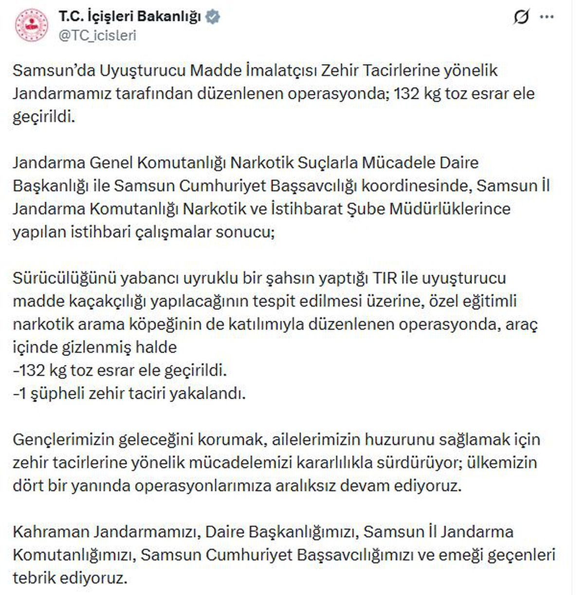 Samsun'da 132 kilo toz esrar ele geçirildi; 1 gözaltı