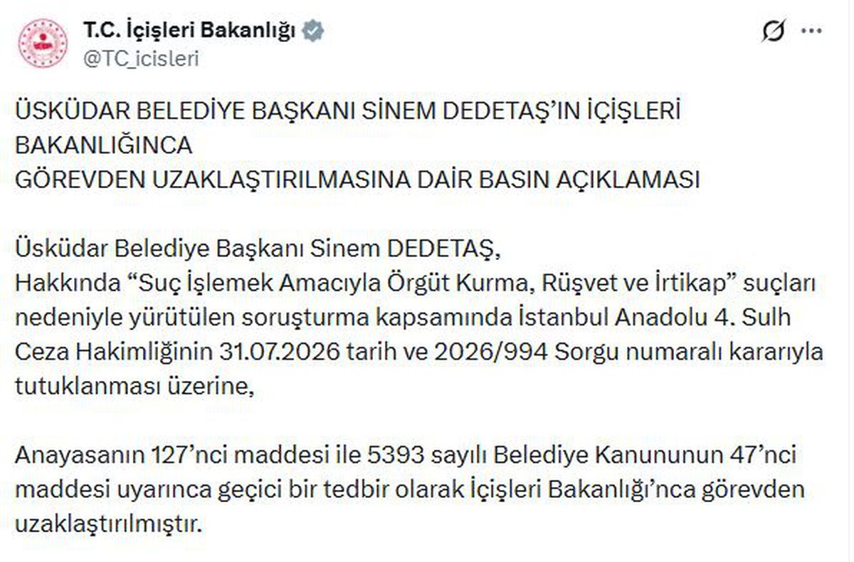 Üsküdar Belediye Başkanı Dedetaş, görevden uzaklaştırıldı