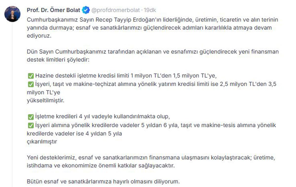 Bakan Bolat: Esnaf desteklerimiz ekonomimize önemli katkı sağlayacak