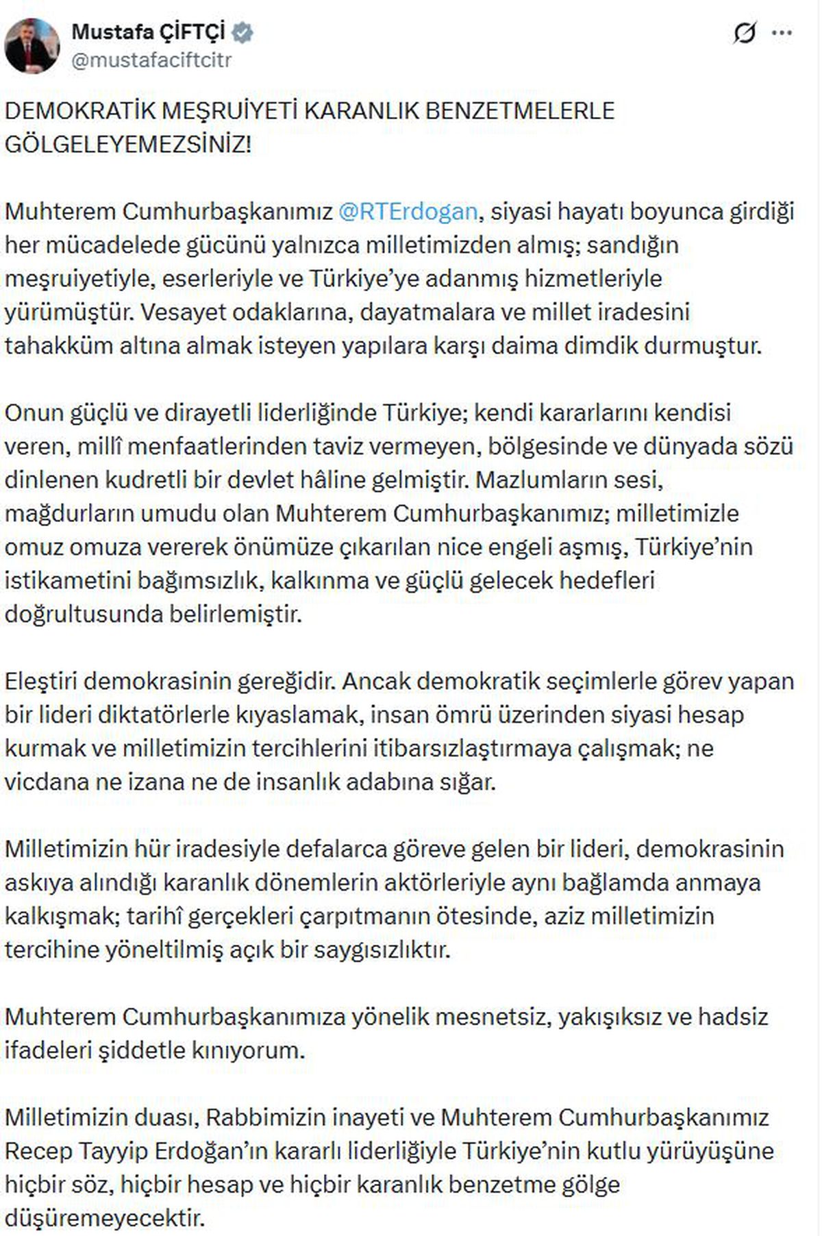 Bakan Çiftçi'den Cumhurbaşkanı Erdoğan'a yönelik ifadelere sert tepki