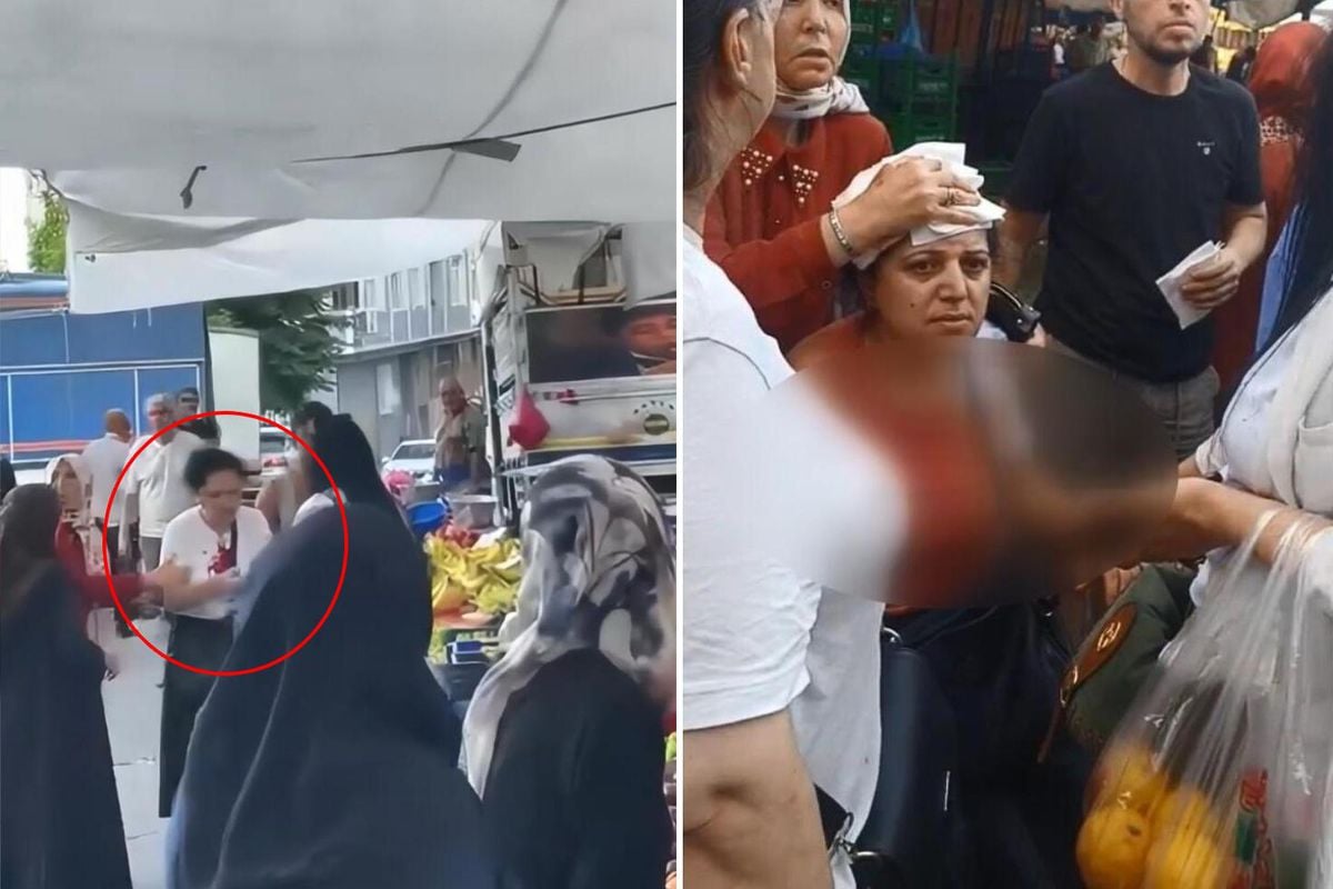 Görüntüler semt pazarından: 'Armut' kavgasında kadının kafasını kalasla kırdı