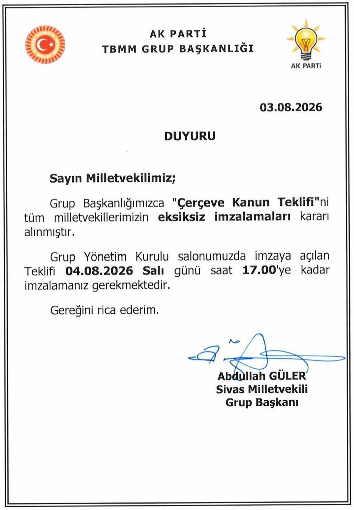 AK Parti çerçeve yasayı imzaya açtı