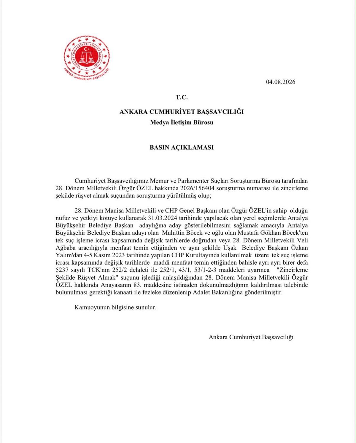 Özgür Özel ve Veli Ağbaba için fezleke