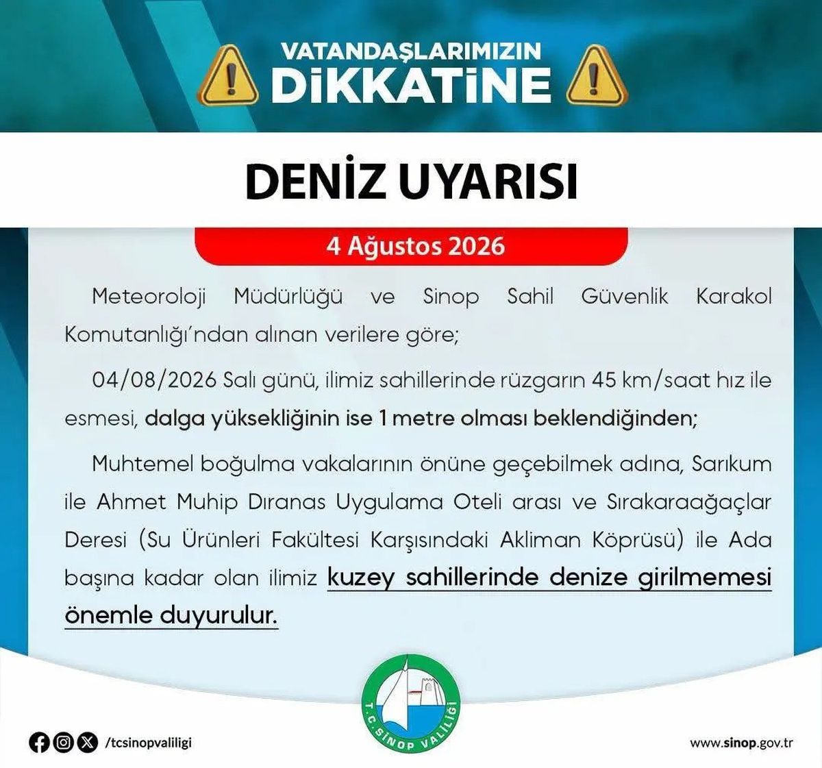 Sinop’ta deniz uyarısı