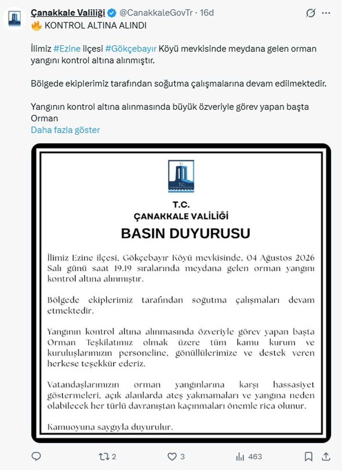 Çanakkale'nin Ezine ilçesindeki orman yangını kontrol altına alındı