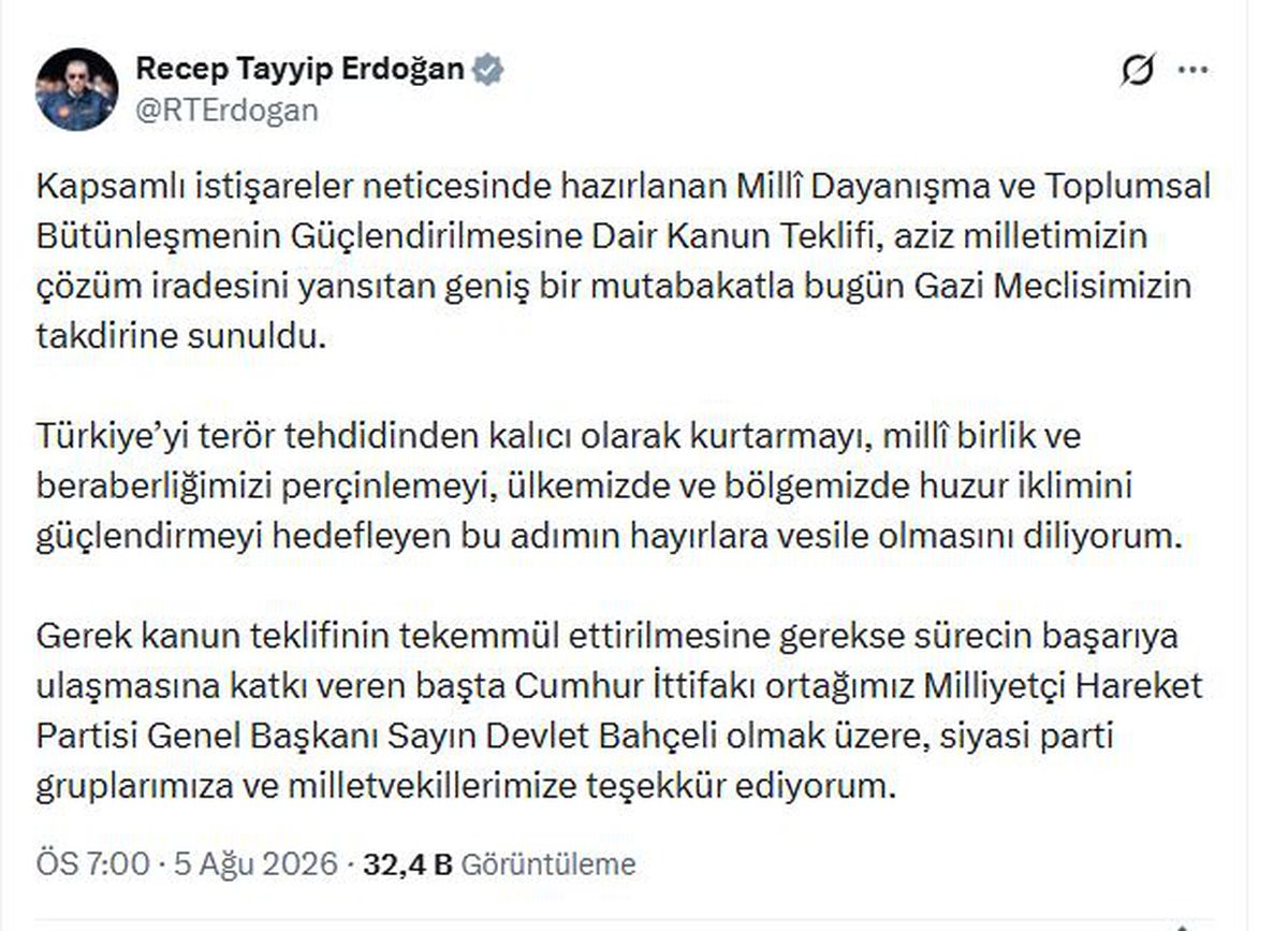 Erdoğan'dan Milli Dayanışma Kanun Teklifi açıklaması
