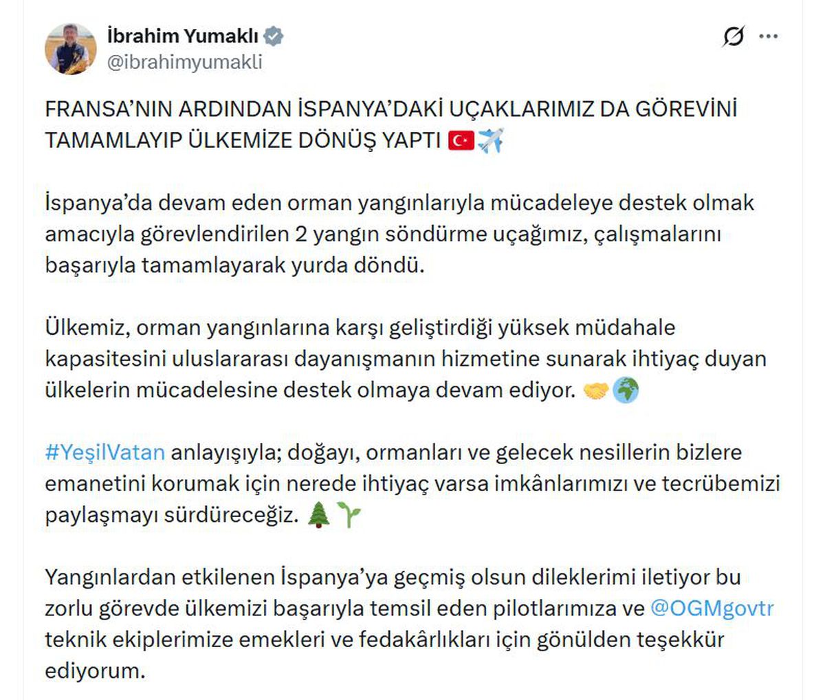 Türk yangın söndürme uçakları İspanya'dan döndü