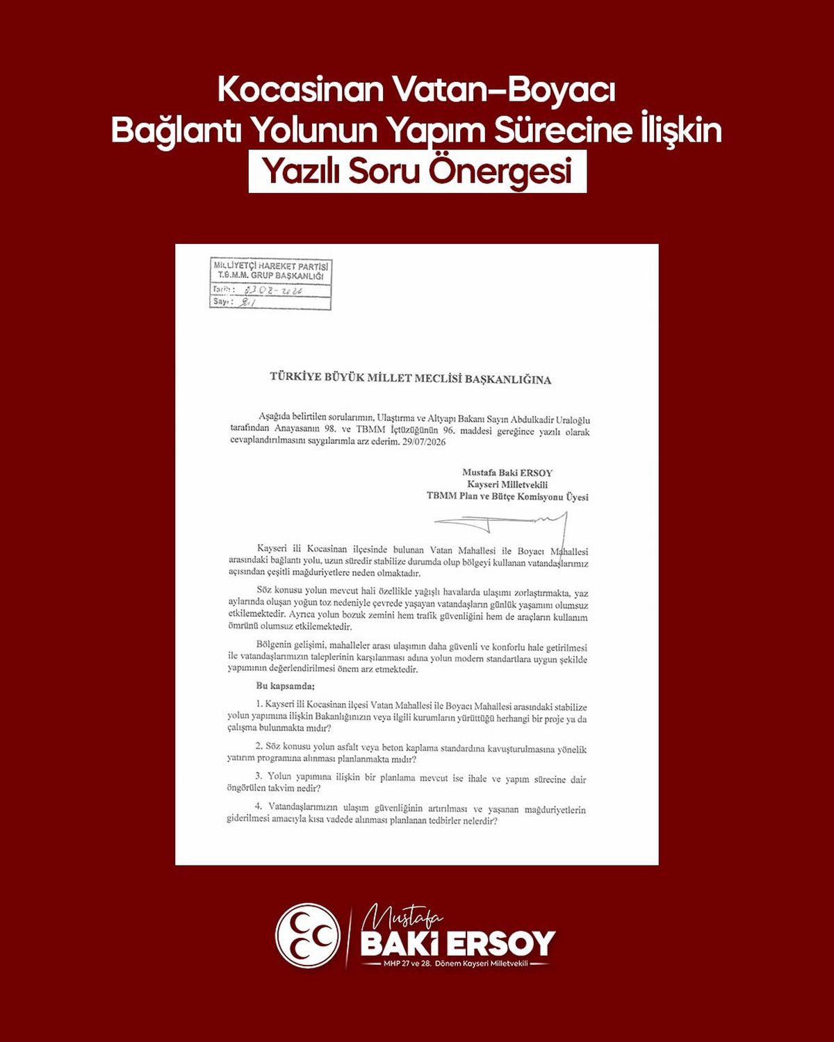 MHP'li Ersoy'dan Vatan ve Boyacı Mahalleleri Arasındaki Stabilize Yol Sorunu İçin TBMM'ye Soru Önergesi