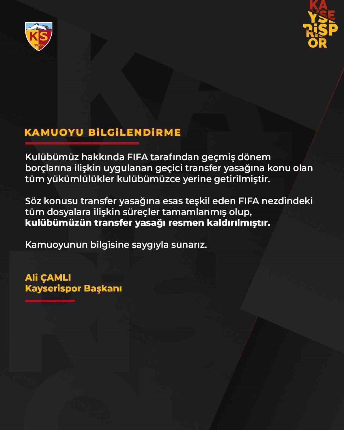 Kayserispor'da transfer yasağı kalktı