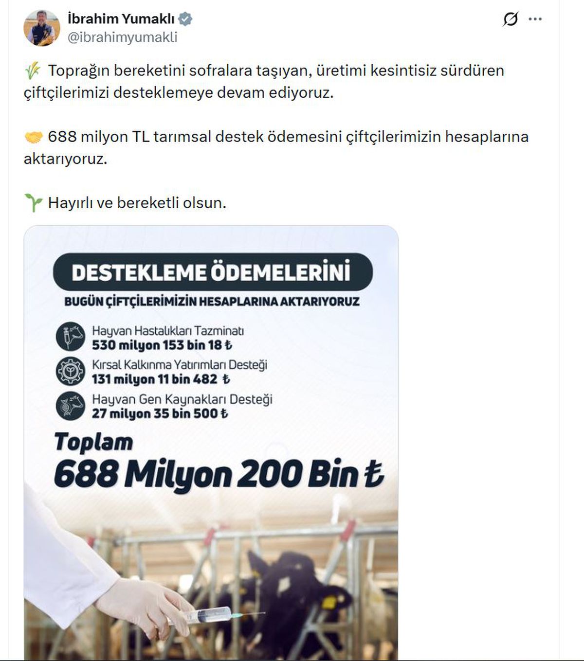 Bakan Yumaklı: 688 Milyon TL Tarımsal Destek Ödemesi Hesaplara Aktarıldı