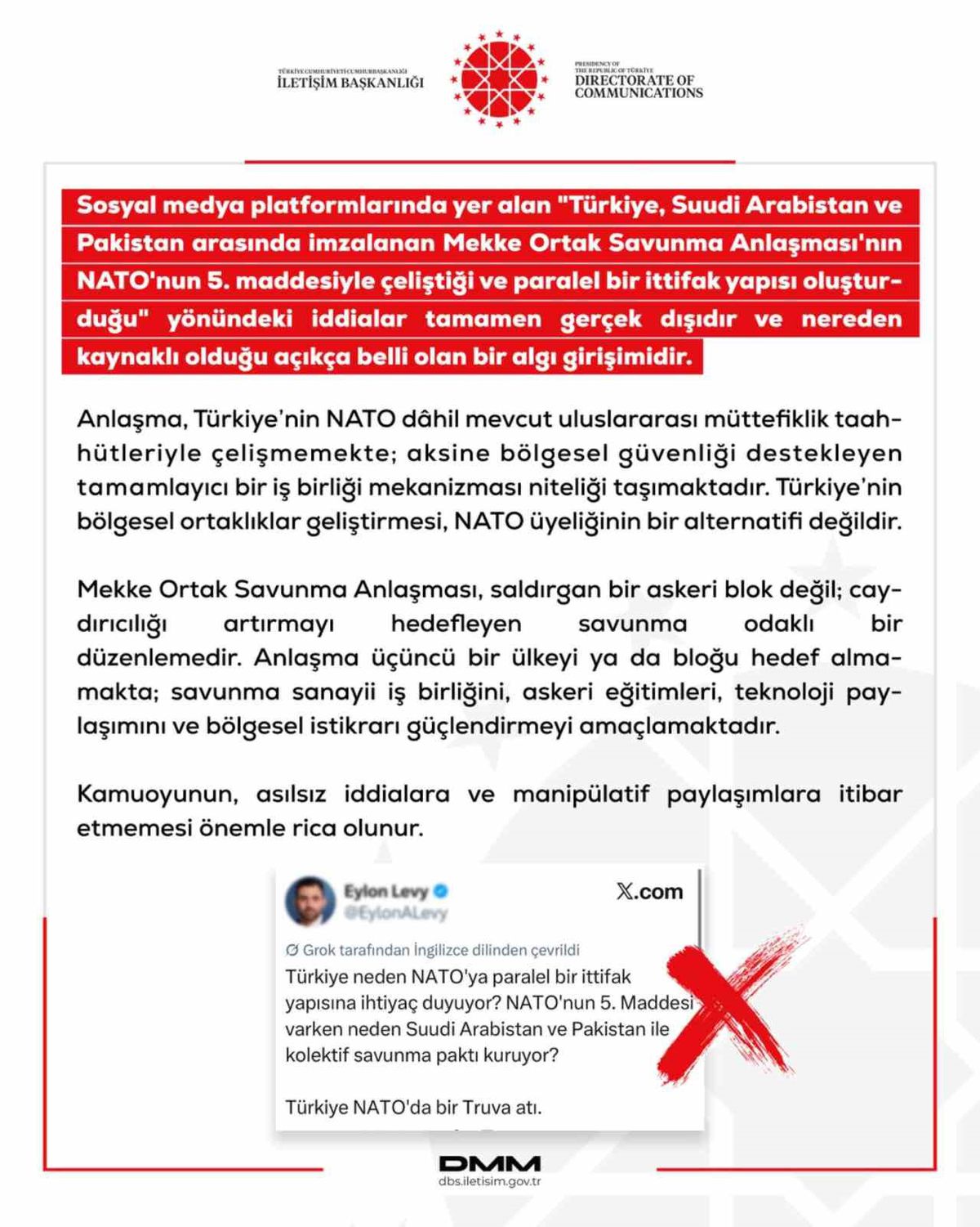 DMM: “Mekke Ortak Savunma Anlaşması’nın NATO’nun 5. maddesiyle çeliştiği iddiaları tamamen gerçek dışı”