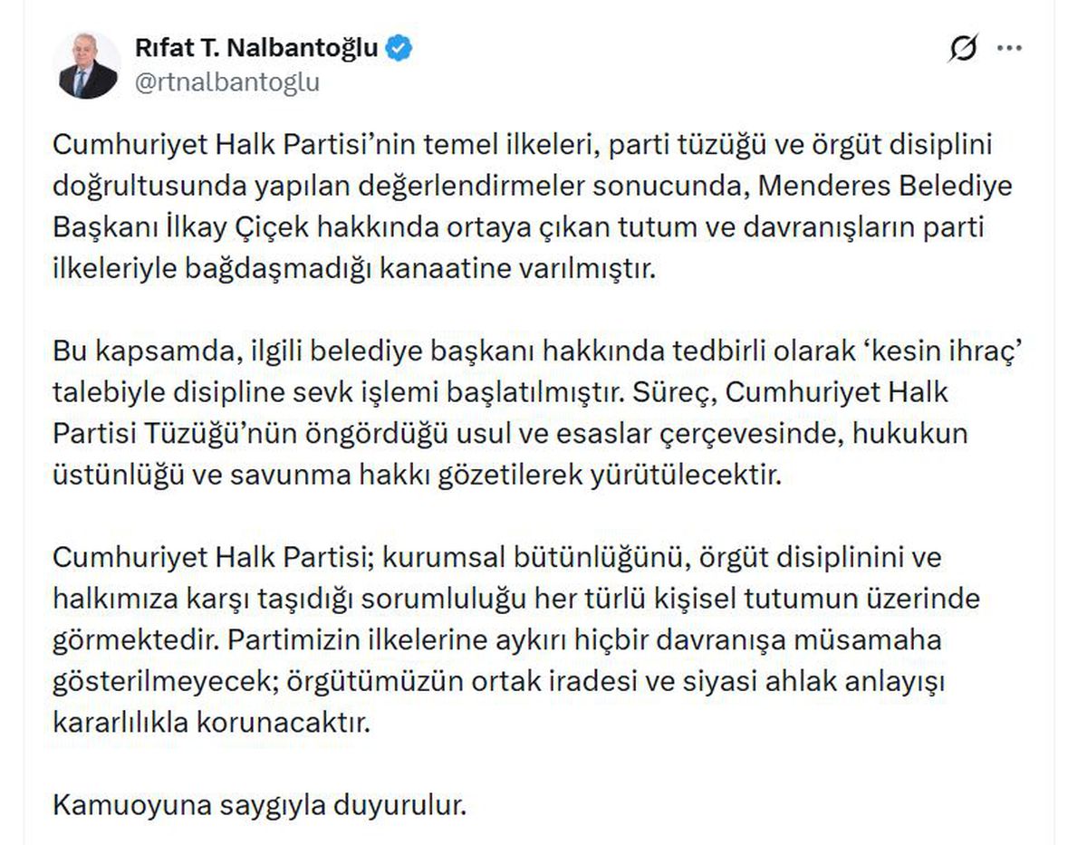 CHP'den Menderes Belediye Başkanı Çiçek'e kesin ihraç talebi