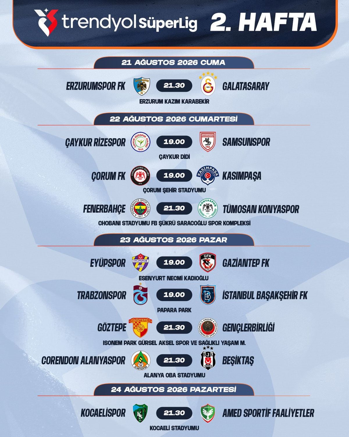 Süper Lig'de 2. ve 3. Hafta Programları Açıklandı