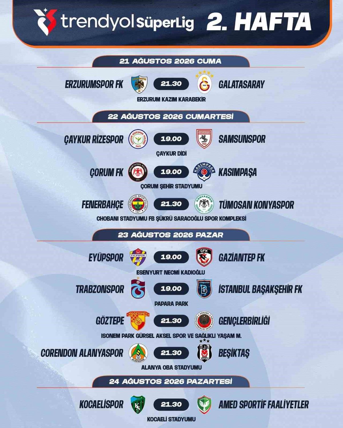 Süper Lig 2. ve 3. hafta programı açıklandı