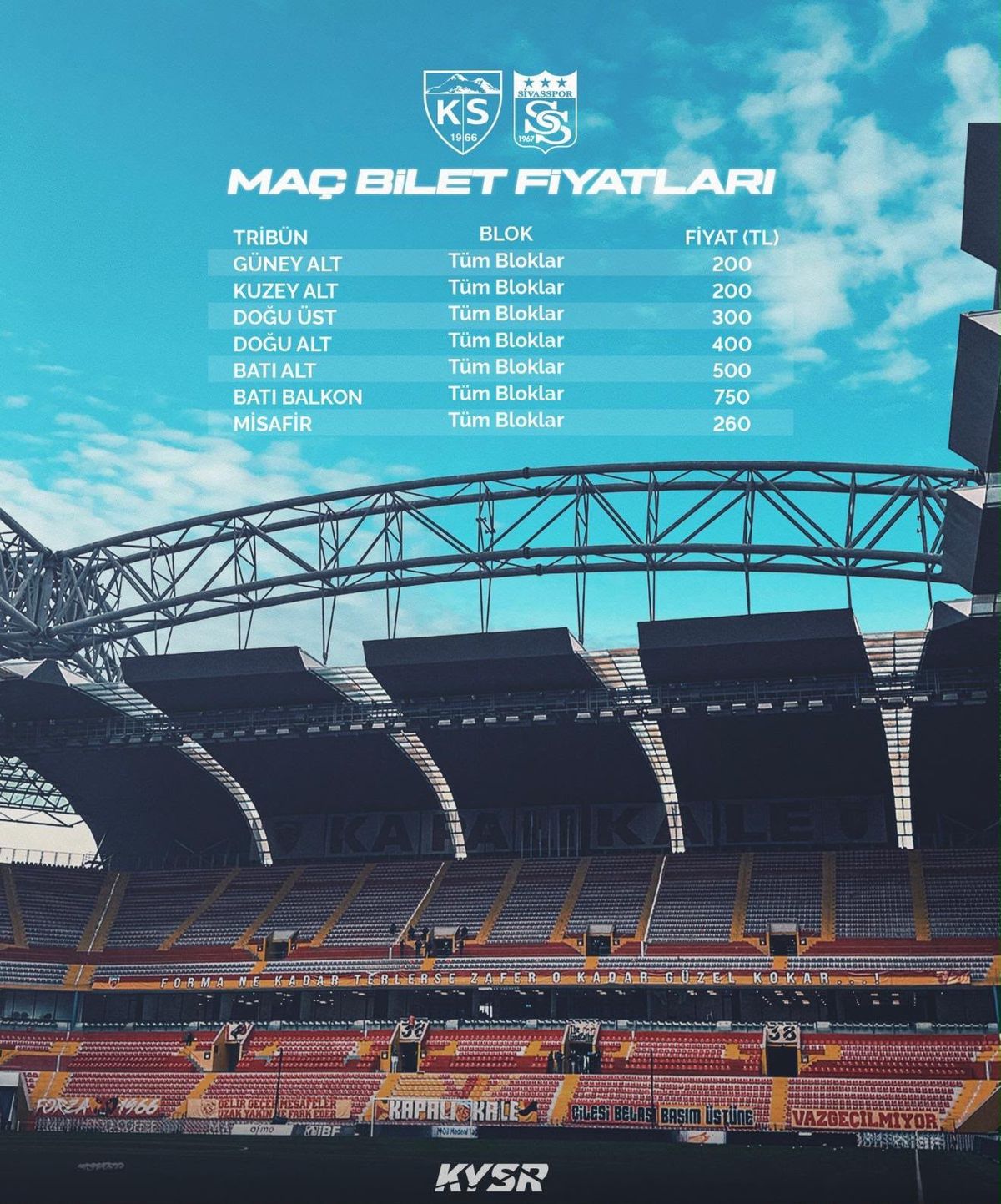 Kayserispor-Sivasspor maçının bilet fiyatları açıklandı