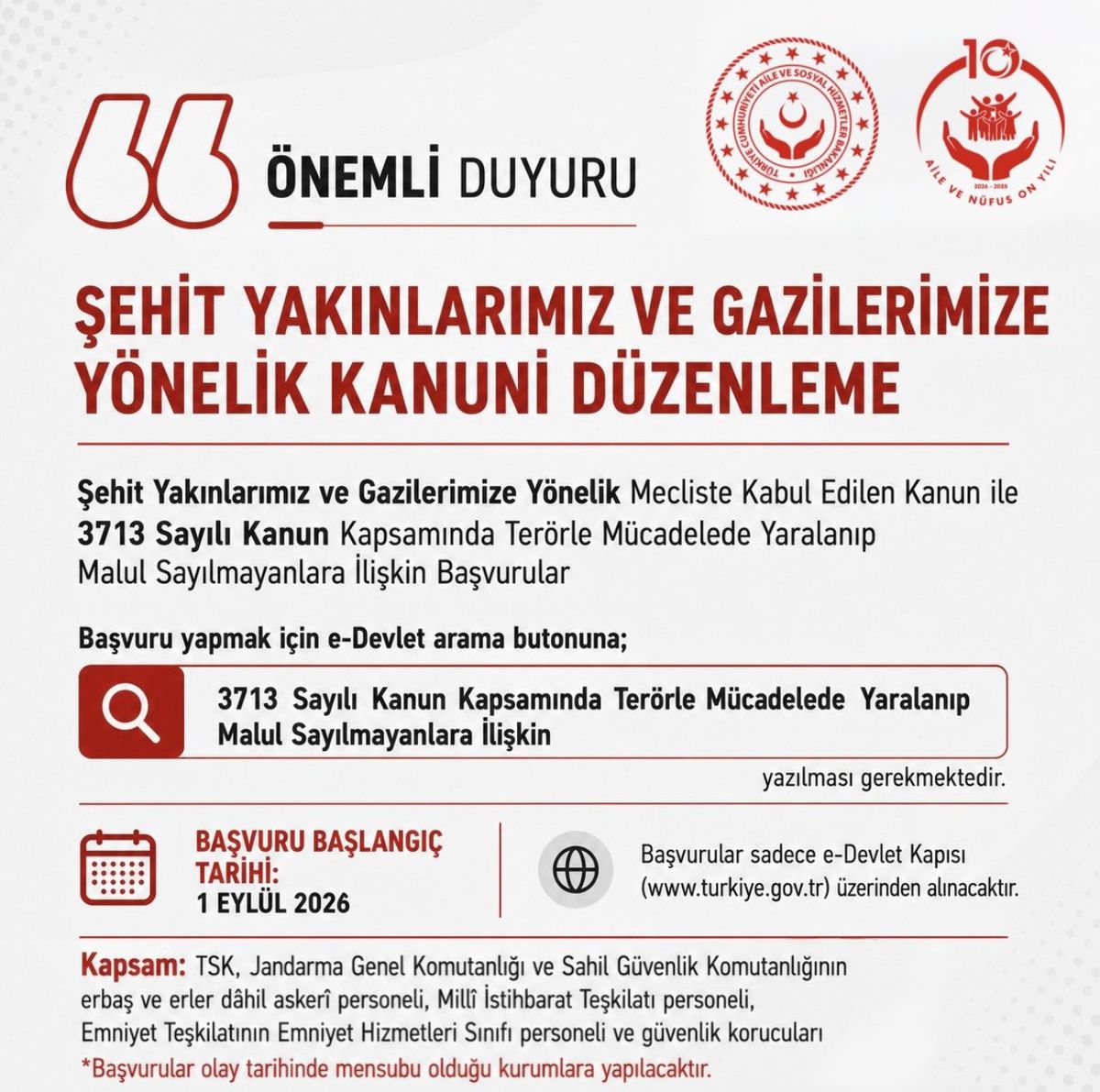 Yaralı gazilere başvuru tarihi: 1 Eylül 2026