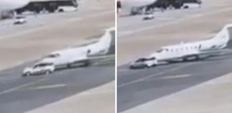 Havalimanında korku dolu anlar: Otomobil pistteki özel uçağa çarptı!