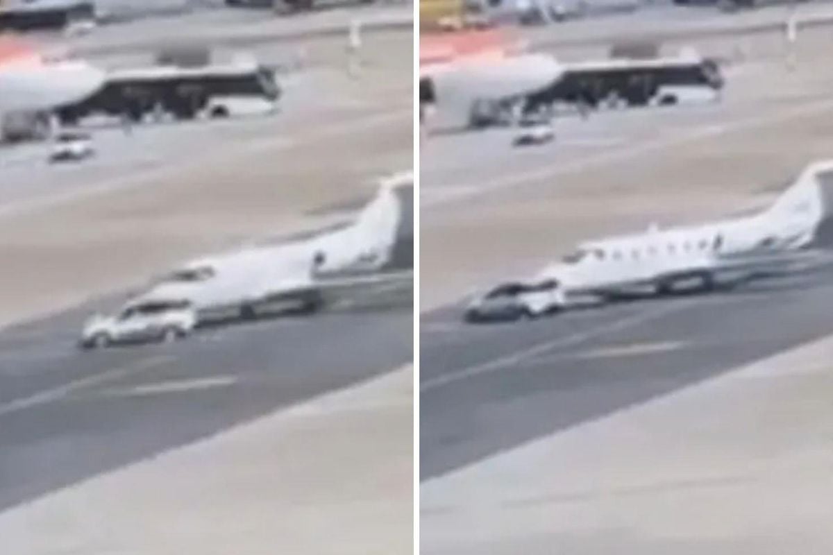 Havalimanında korku dolu anlar: Otomobil pistteki özel uçağa çarptı!